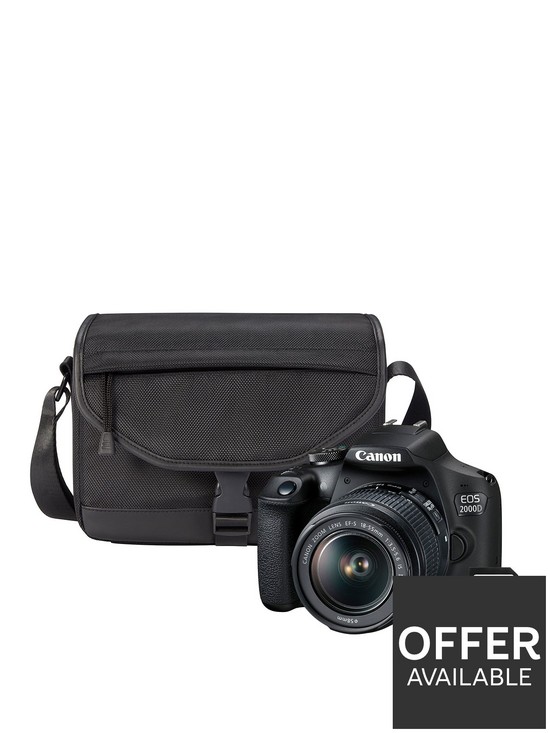 front image of canon-eos-2000d-dslr-camera-ef-s-18-55mm-is-lens-sb130-shoulder-bag-16gb-memory-card-kit-black