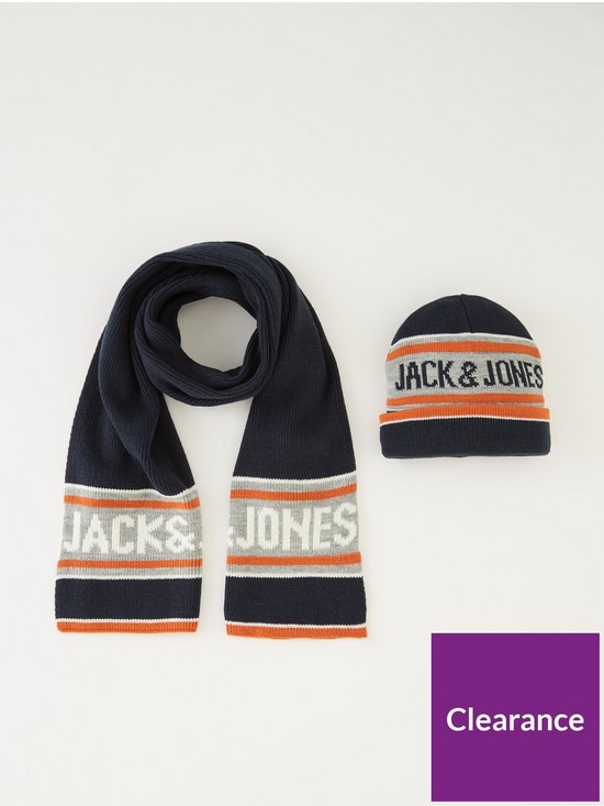 front image of jack-jones-junior-boys-youth-beanie-and-scarf-gift-box-navy-blazer