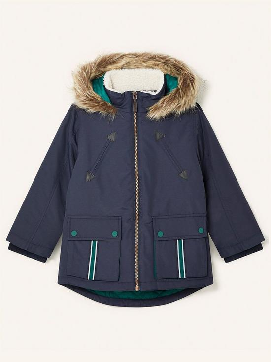 front image of monsoon-boys-parka-reflective-tape-coat-with-hood-navy