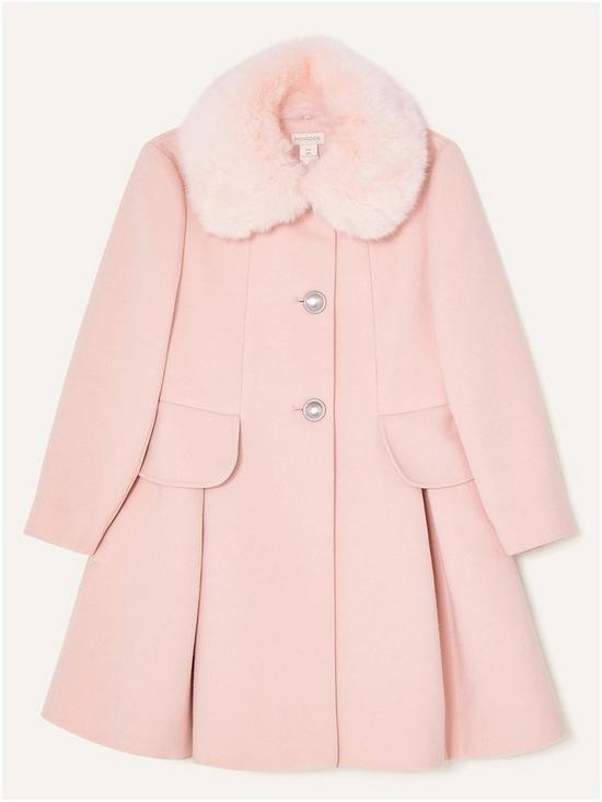 front image of monsoon-girls-bustle-back-bow-coat-pale-pink