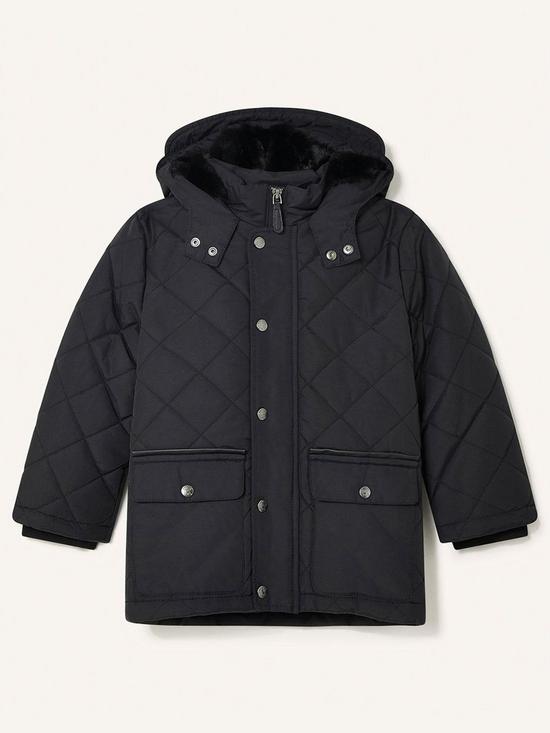 front image of monsoon-boys-quilted-coat-with-hood-black