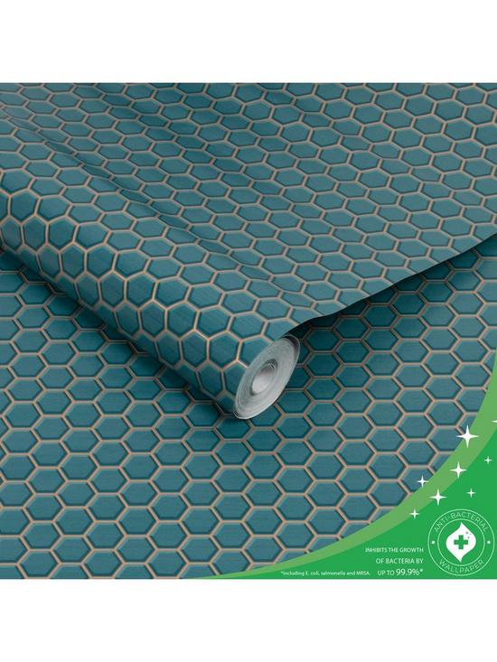 stillFront image of contour-hexagon-lattice-anti-bacterial-teal-wallpaper