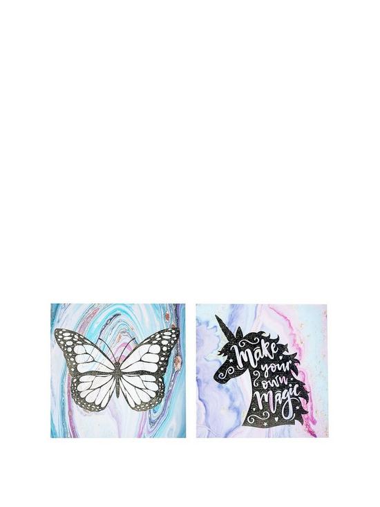 front image of arthouse-set-2-unicorn-butterfly-canvases-with-foil