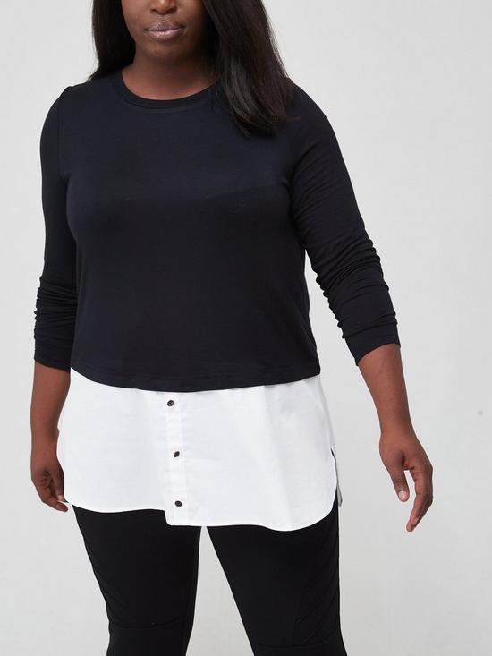 front image of v-by-very-curve-2-in-1-jersey-woven-shirt-top-black-white