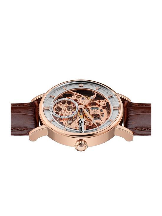 stillFront image of ingersoll-1892-the-herald-rose-gold-and-grey-skeleton-dial-brown-leather-strap-automatic-mens-watch