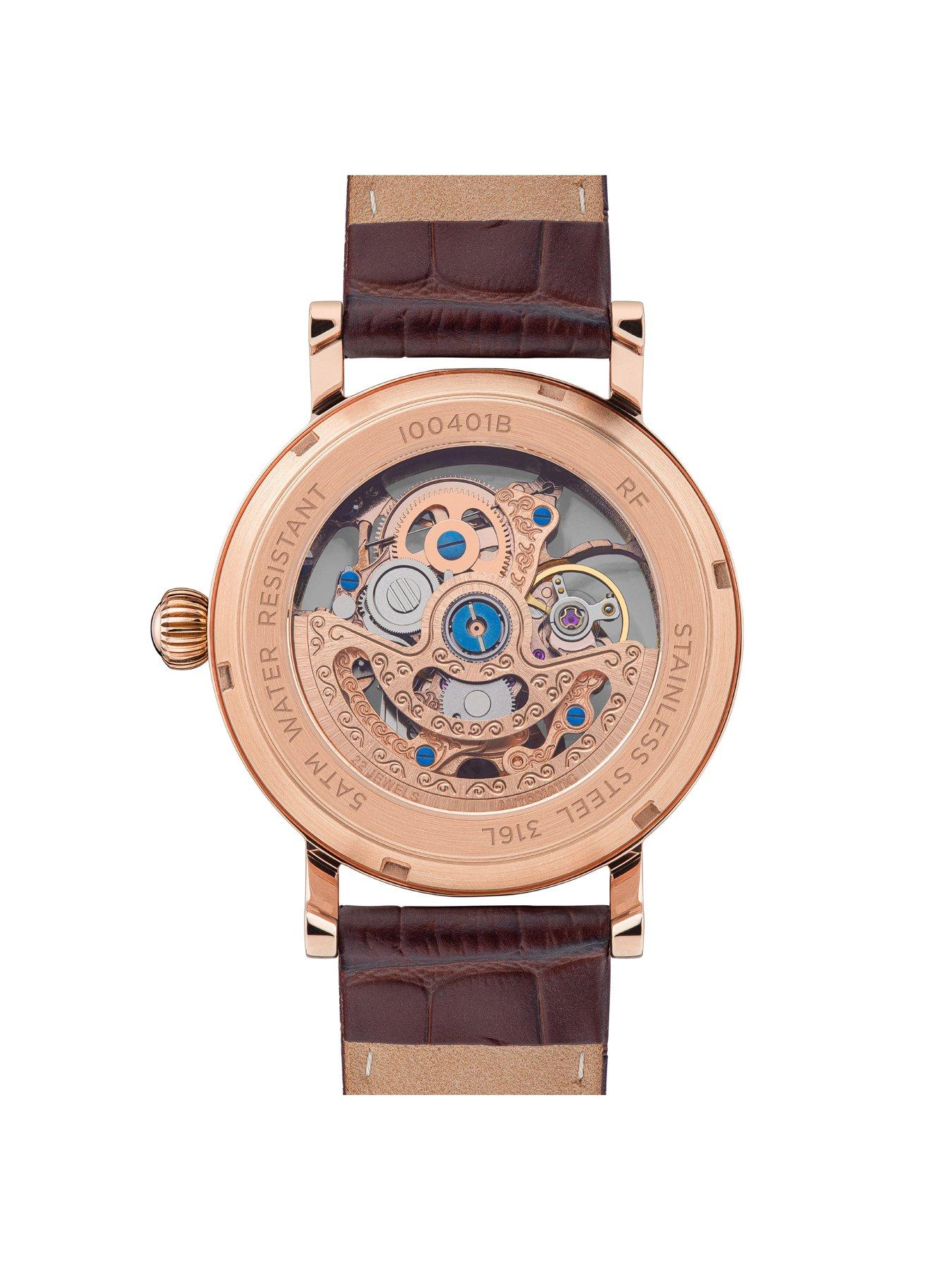  image of ingersoll-1892-the-herald-rose-gold-and-grey-skeleton-dial-brown-leather-strap-automatic-mens-watch