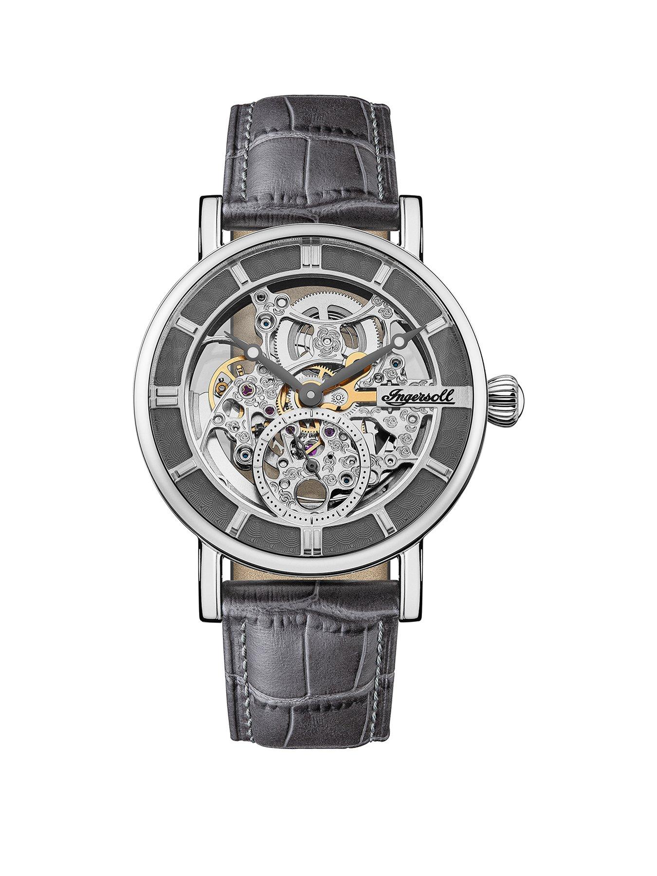 undefined The Herald Silver and Grey Detail Skeleton Automatic Dial Grey Leather Strap Mens Watch