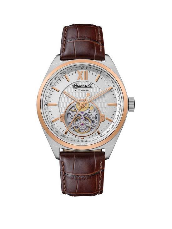 front image of ingersoll-the-shelby-silver-and-rose-gold-skeleton-eye-automatic-dial-brown-leather-strap-mens-watch