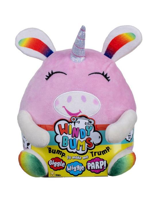 front image of windy-bums-cheeky-farting-soft-unicorn-toy-funny-gift