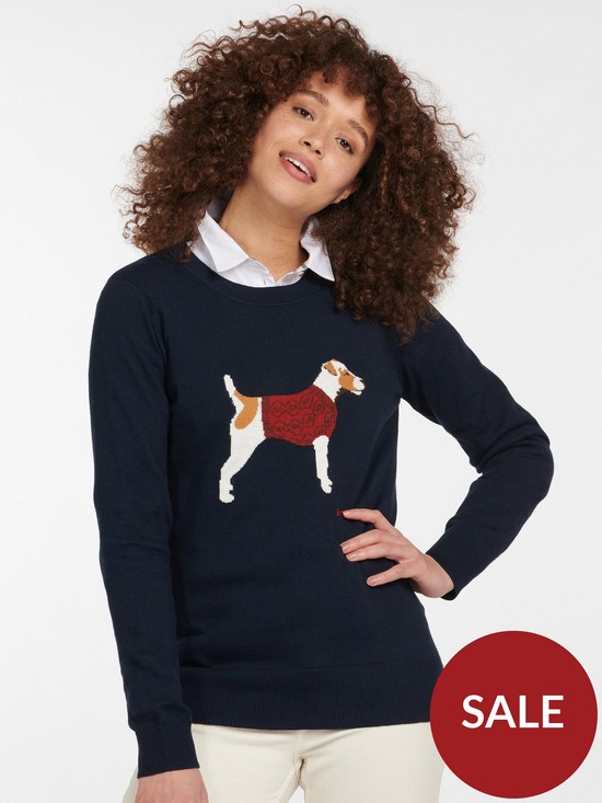 front image of barbour-saddle-dog-front-5-cashmere-jumper-navy