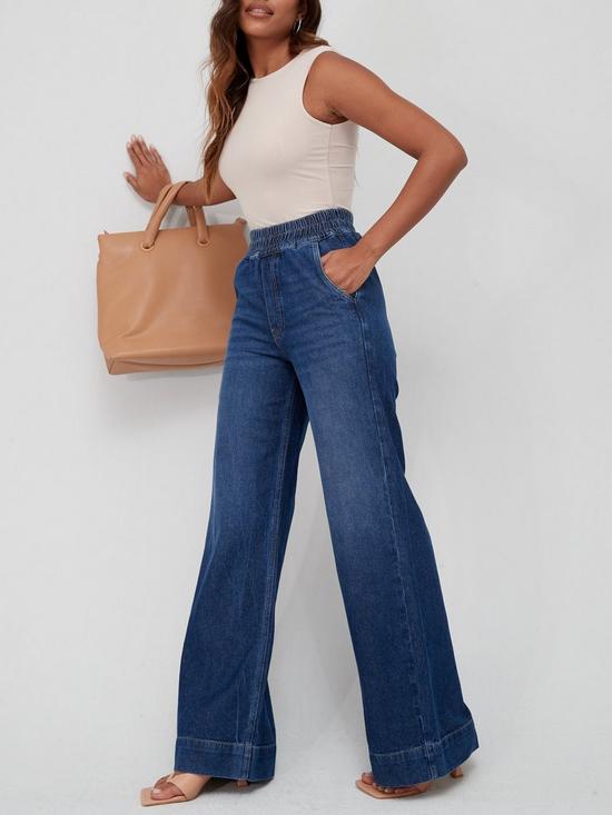 front image of v-by-very-elasticated-waist-denim-lounge-jean-dark-wash