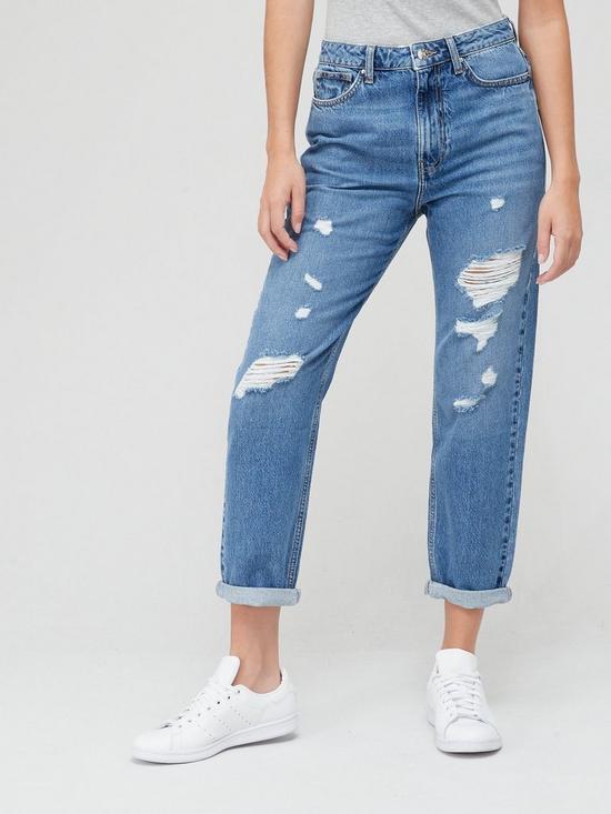 front image of v-by-very-high-waist-mom-jean-with-rips-mid-wash