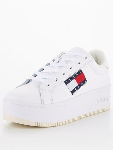 New Womens Tommy Jeans White Icon Flatform Leather Trainers Court Lace Up