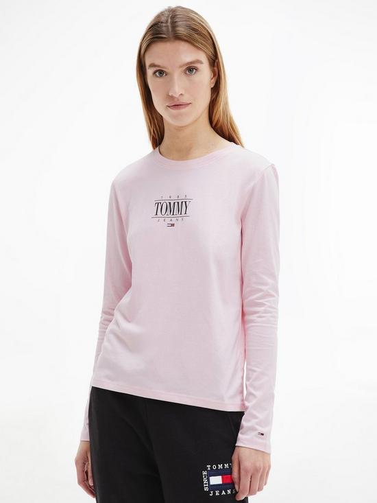 front image of tommy-jeans-slim-organic-logo-long-sleeve-jersey-top-pink