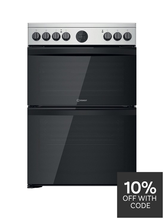 front image of indesit-id67v9hcxnbsp60cm-wide-electric-double-oven-cooker-with-ceramic-hob-stainless-steel