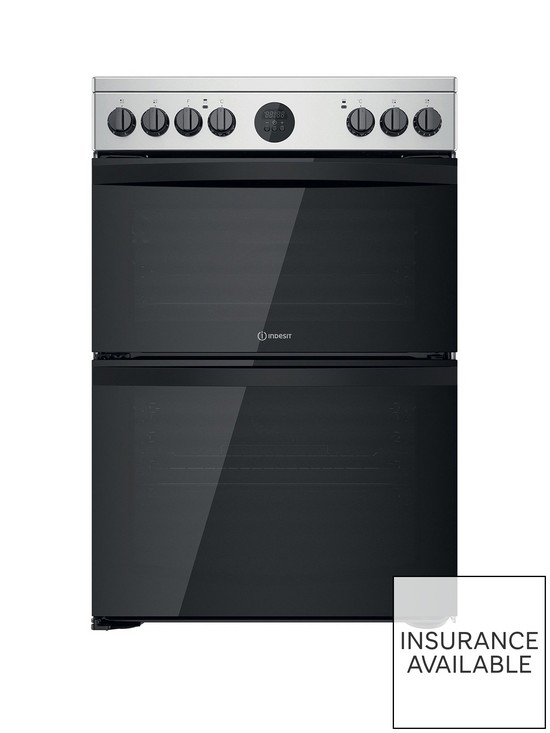 front image of indesit-id67v9hcxnbsp60cm-wide-electric-double-oven-cooker-with-ceramic-hob-stainless-steel