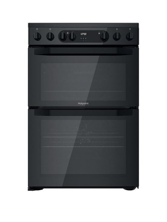 front image of hotpoint-hdm67v9cmb-60cm-wide-double-oven-electric-cooker-with-ceramic-hob-black