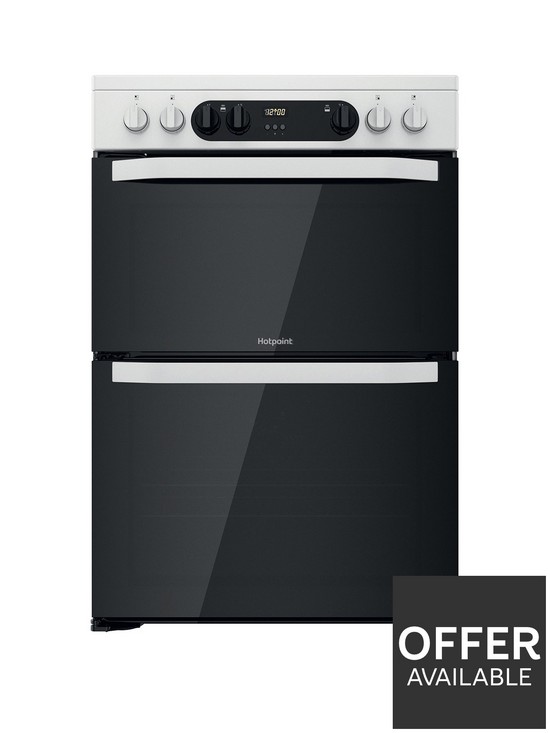 front image of hotpoint-hdm67v9cmw-60cm-wide-double-oven-cooker-with-ceramic-hob-white