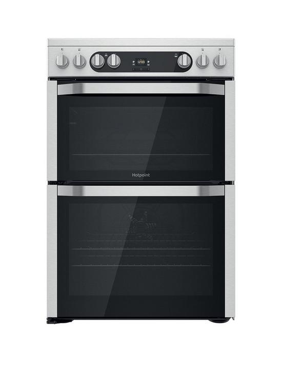 front image of hotpoint-hdm67v9hcx-60cm-wide-double-oven-cooker-with-ceramic-hob-stainless-steel