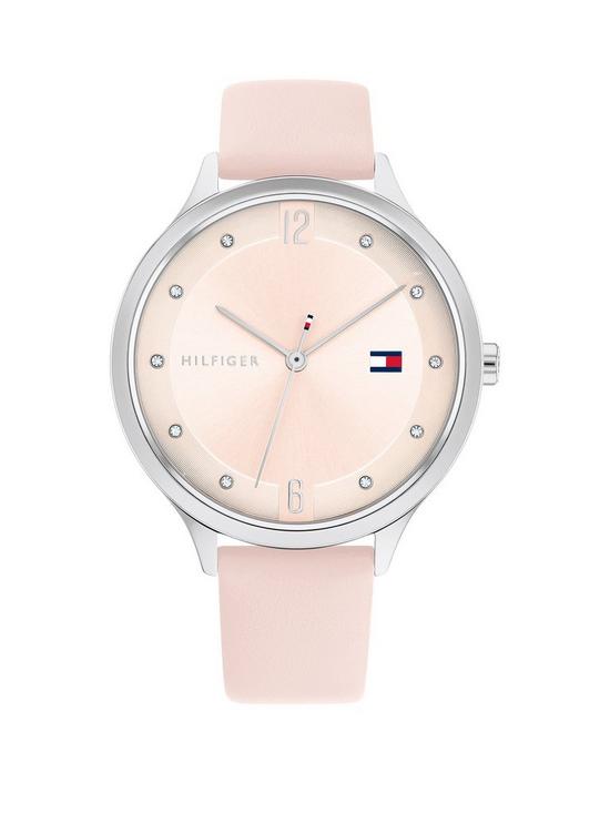 front image of tommy-hilfiger-grace-silver-dial-pink-leather-strap-watch