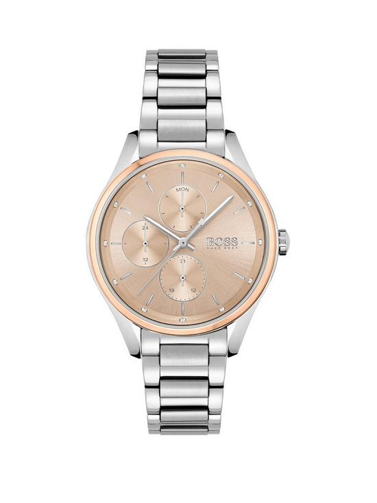 front image of boss-grand-course-blush-dial-stainless-steel-bracelet-watch