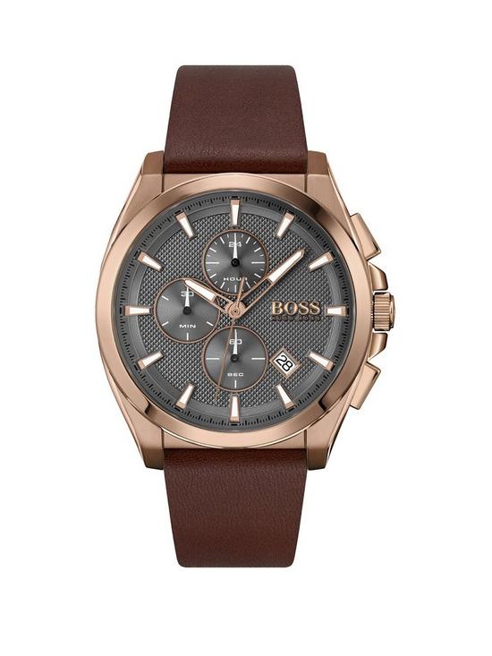front image of boss-grandmaster-sport-lux-grey-chronograph-dial-brown-leather-strap-watch