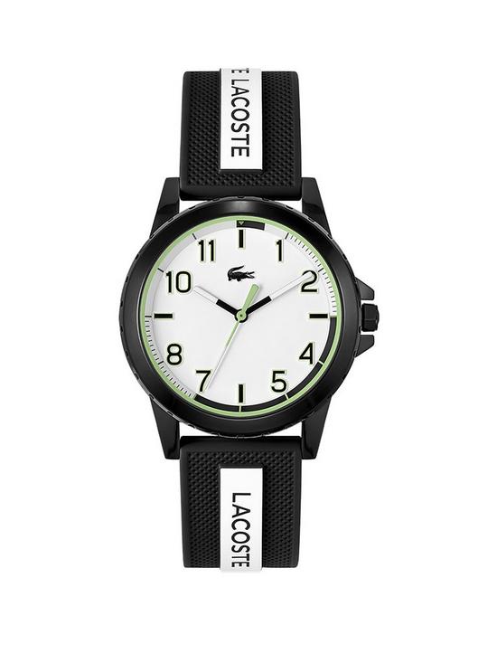 front image of lacoste-white-dial-black-and-white-strap-kidsteen-watch