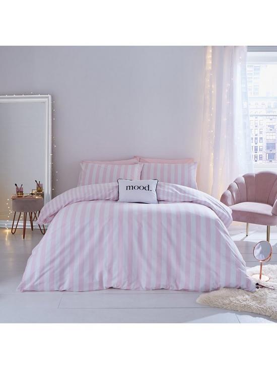 front image of sassy-b-stripe-tease-reversible-duvet-cover-set-pink-and-white