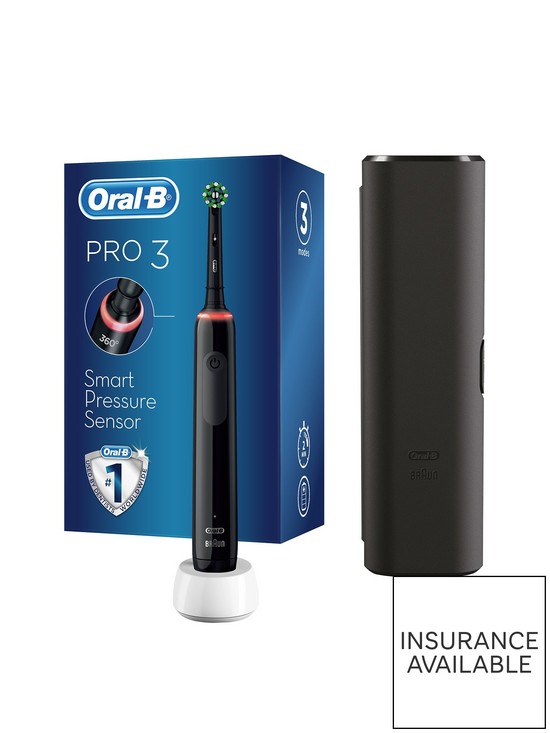 front image of oral-b-pro-3-3500-cross-action-black-electric-toothbrush-designed-by-braun-bonus-travel-case