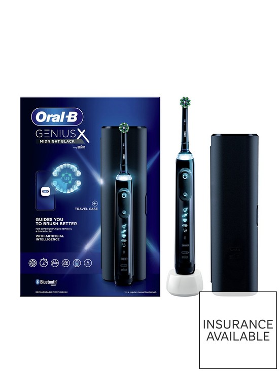 front image of oral-b-genius-x-black-electric-toothbrush-designed-by-braun-travel-case