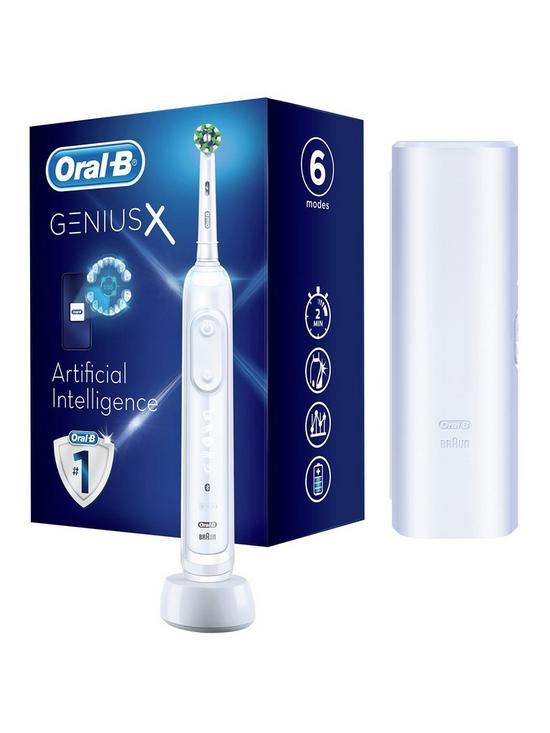front image of oral-b-genius-x-white-electric-toothbrush-designed-by-braun-travel-case