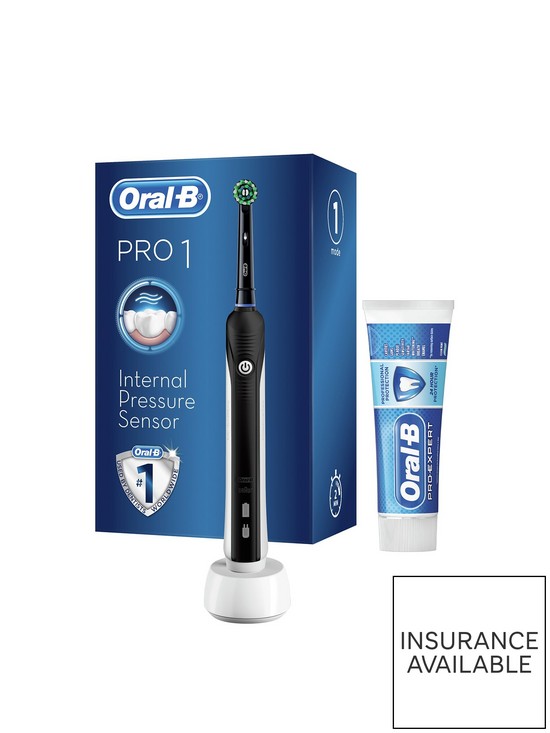 front image of oral-b-pro-1-650-cross-action-black-electric-toothbrush-1-bonus-toothpaste