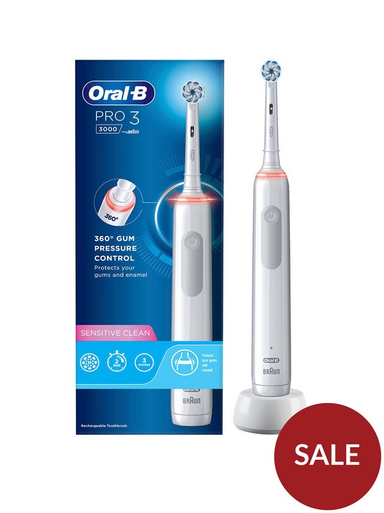 front image of oral-b-pro-3-3000-sensitive-clean-white-electric-toothbrush-designed-by-braun