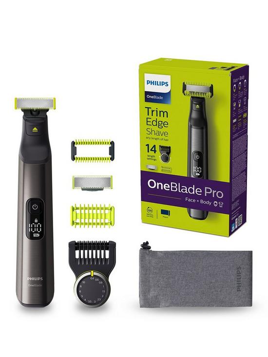 front image of philips-oneblade-pro-for-face-amp-body-trimming-edging-amp-shaving-with-adjustable-14-length-comb-qp655015