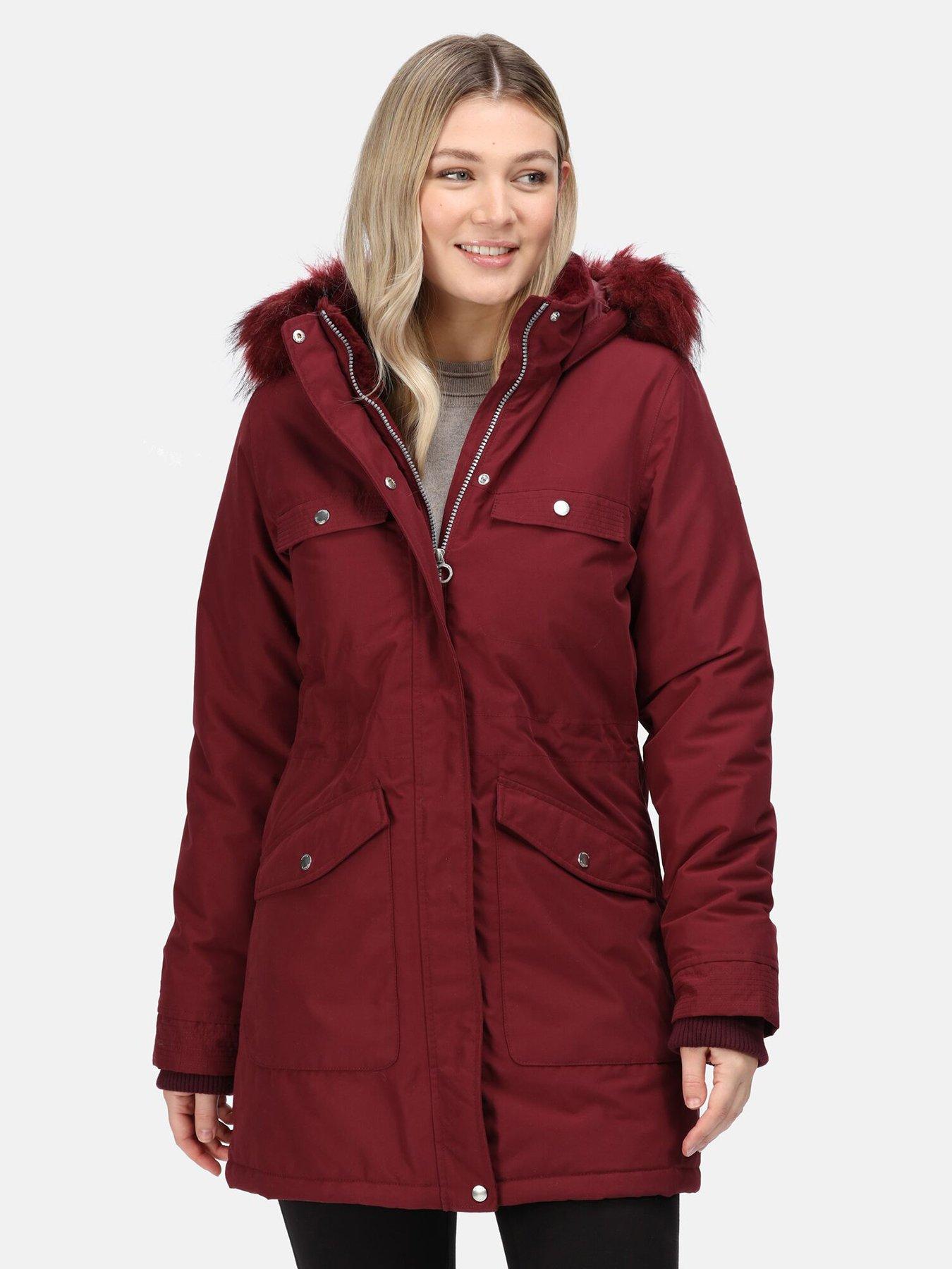 womens red jacket with fur hood