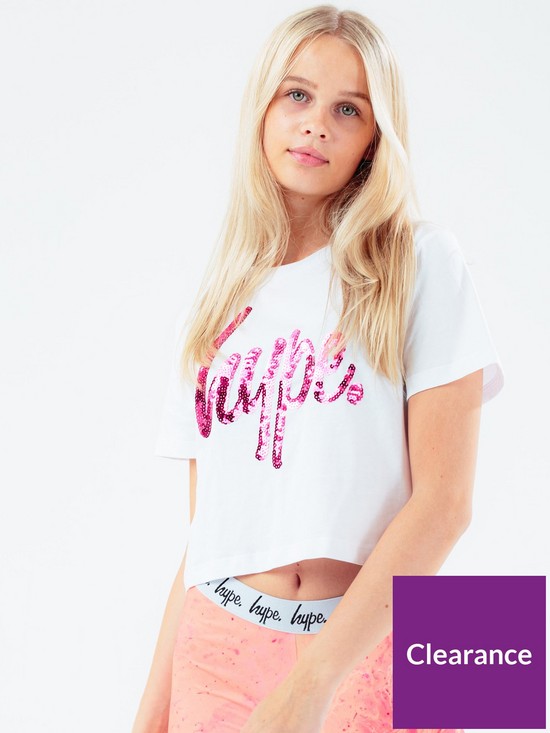 front image of hype-girls-pink-sequin-script-t-shirt-white