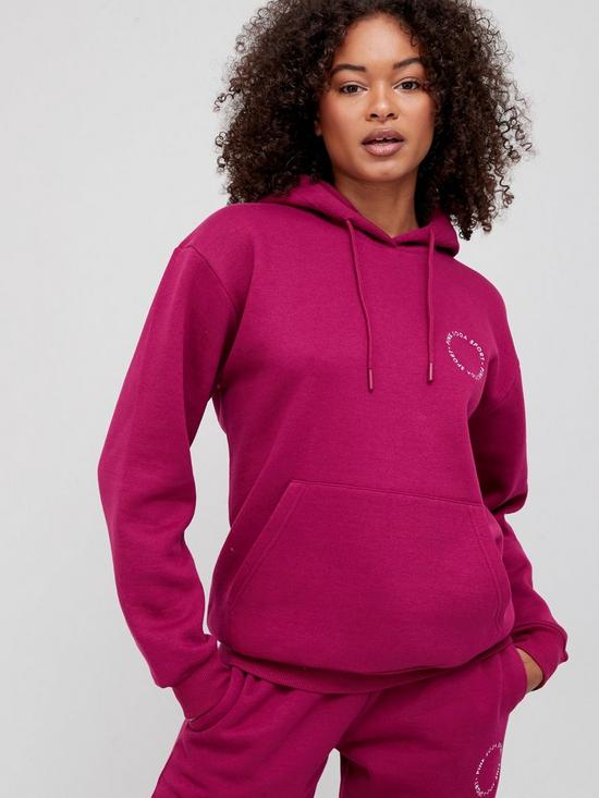 front image of pink-soda-logo-essentials-hoodie-raspberry