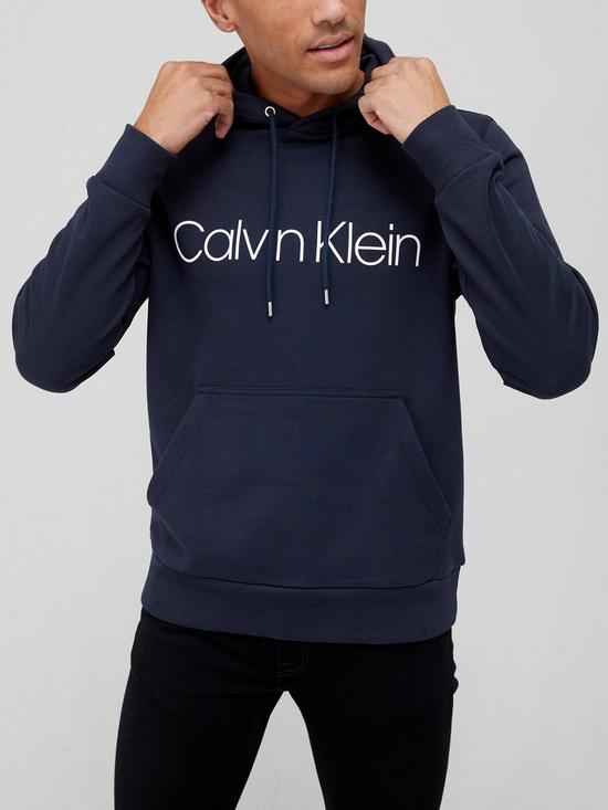 front image of calvin-klein-cotton-logo-overhead-hoodie-navy