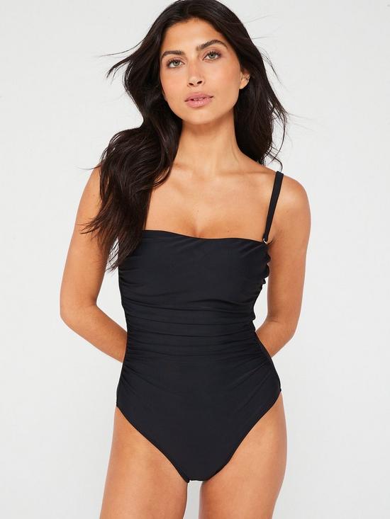 front image of v-by-very-shape-enhancing-bandeau-ruched-removable-strapnbspswimsuit-black
