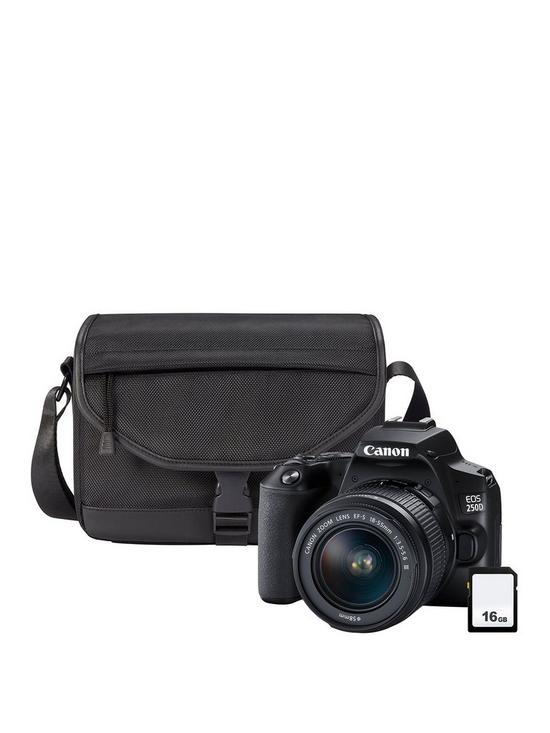 front image of canon-eos-250d-black-slr-camera-kit-inc-ef-s-18-55mm-f35-56-dc-iii-lens-sb130-shoulder-bag-amp-16gb-sd-card