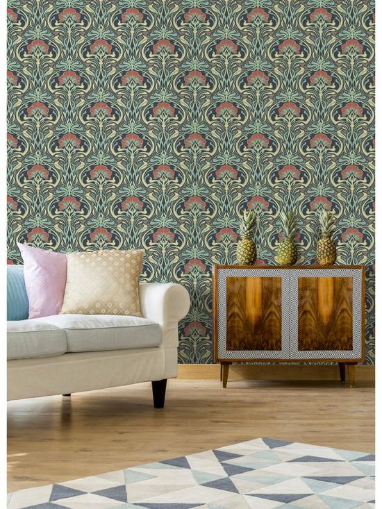 stillFront image of crown-archives-flora-nouveau-wallpaper-peacock-green