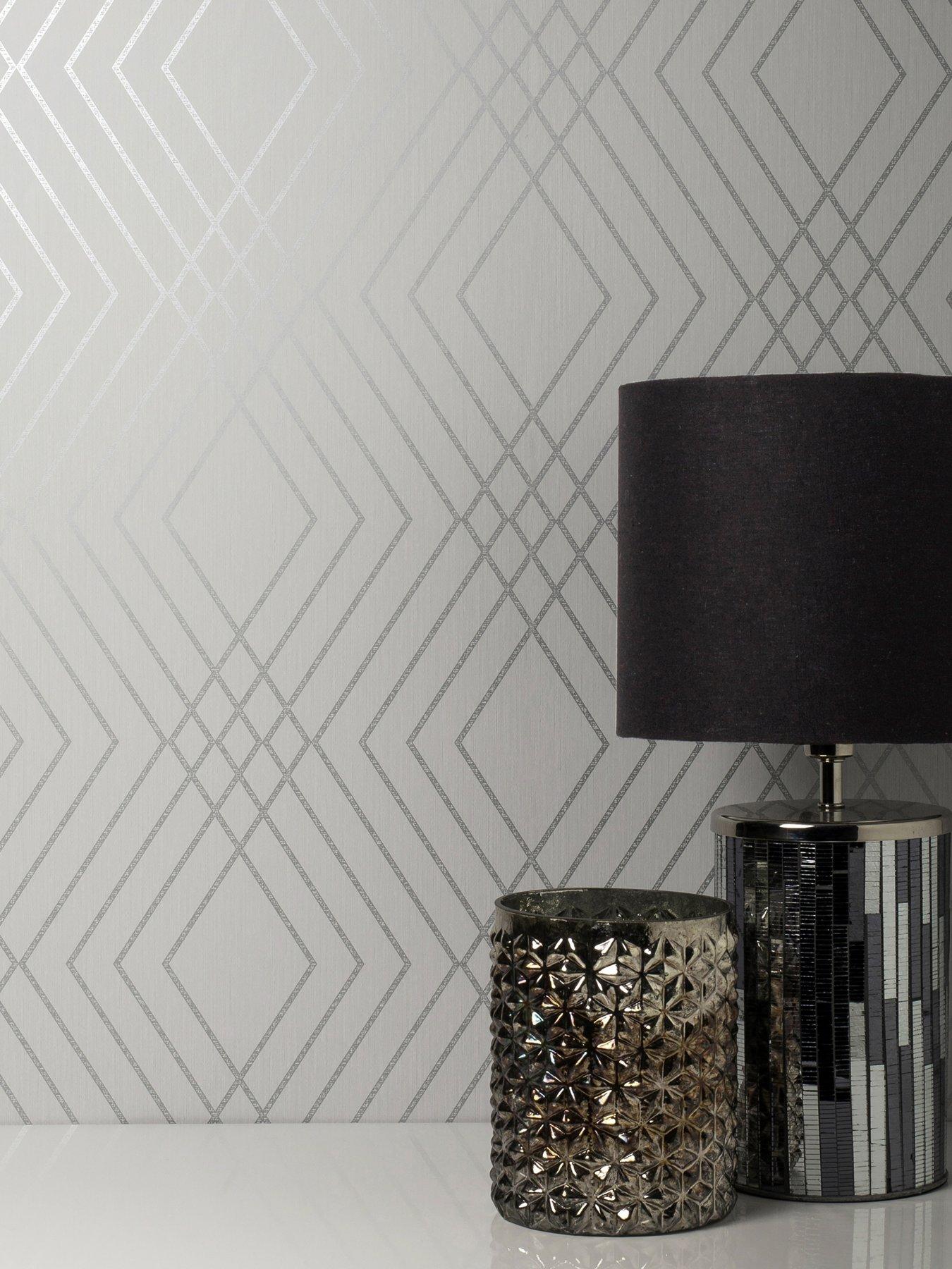 Image 1 of 4 of Fine Decor Shard Trellis Stone &amp; Silver Wallpaper