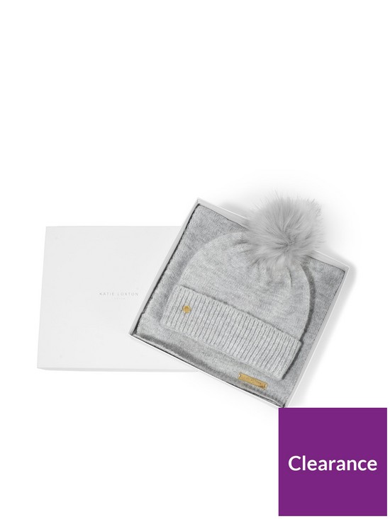 front image of katie-loxton-soft-knit-boxed-hat-and-scarf-set-grey