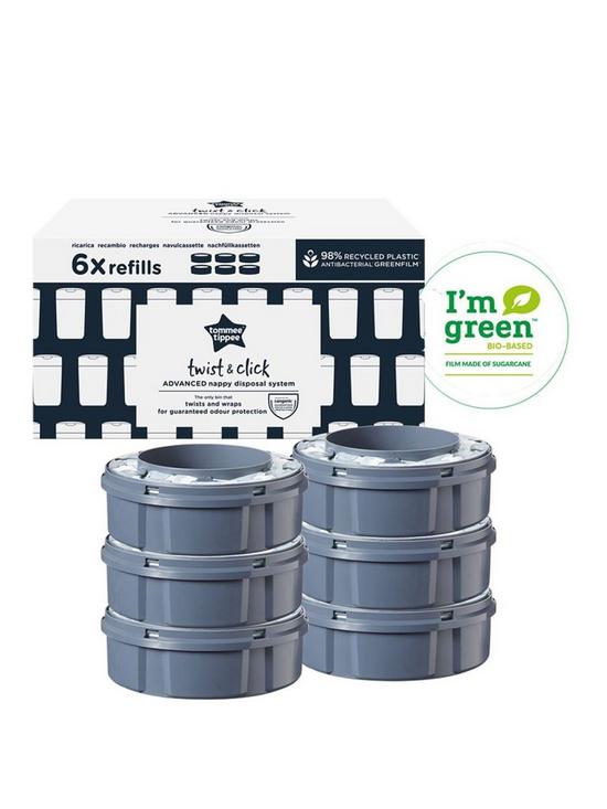 front image of tommee-tippee-twist-and-click-advanced-nappy-bin-refill-cassettes-sustainably-sourced-antibacterial-greenfilm-pack-of-6