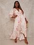  image of chi-chi-london-curve-graphic-print-plunge-front-tie-up-satin-maxi-dress-cream