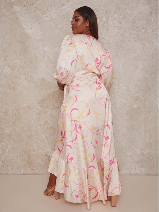 stillFront image of chi-chi-london-curve-graphic-print-plunge-front-tie-up-satin-maxi-dress-cream