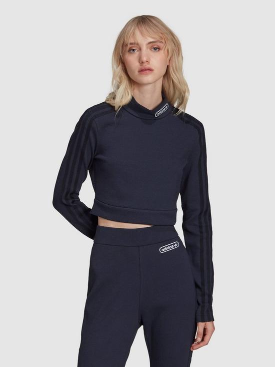 front image of adidas-originals-vintage-sports-cropped-long-sleeve-high-neck-top-navy