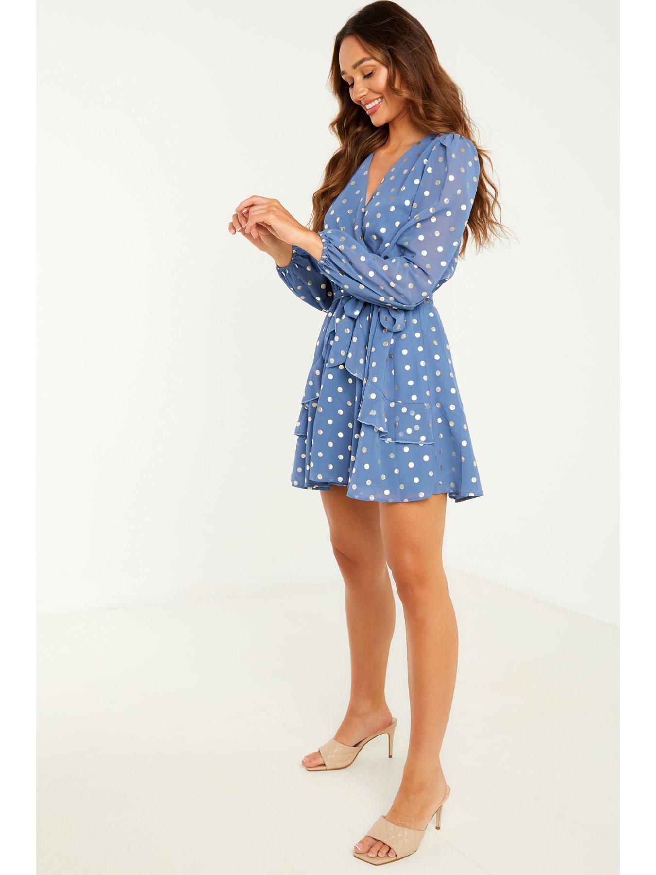 blue polka dot dress long sleeve