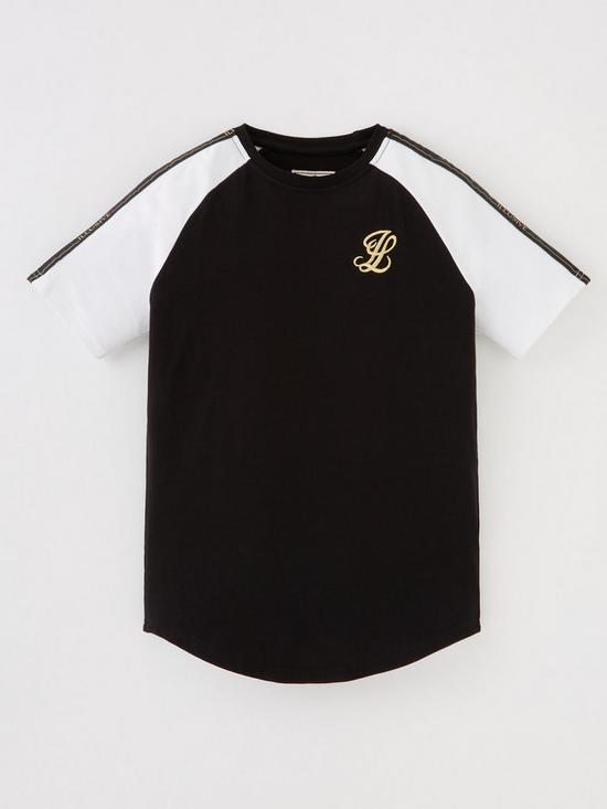 front image of illusive-london-boys-deluxe-raglan-colour-block-t-shirt-blackwhite