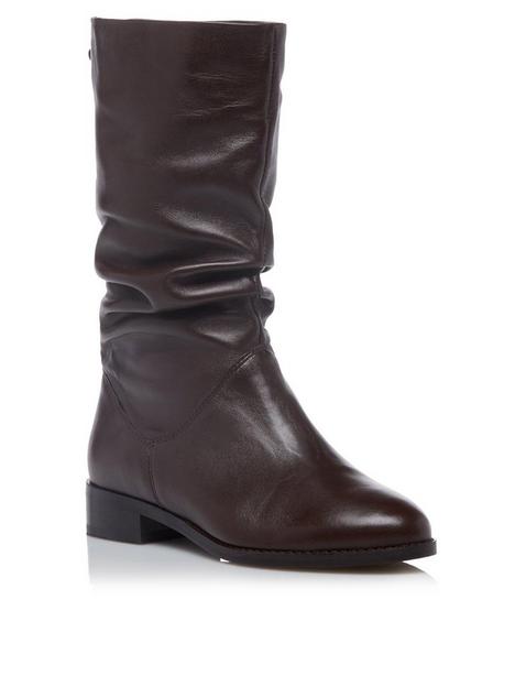 dune-london-wide-fit-rosalindas-leather-ruched-calf-boot-brown
